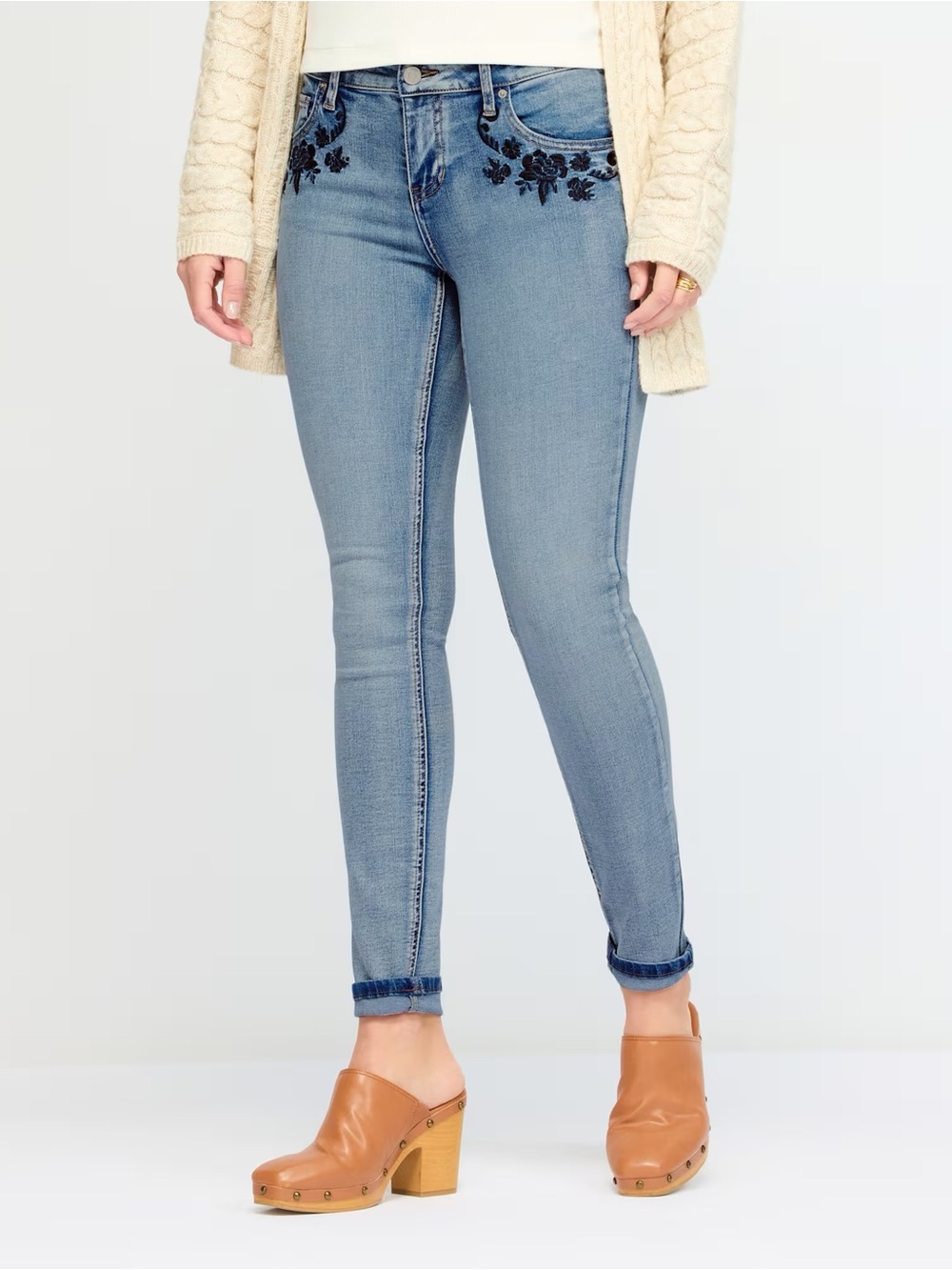Light Wash Skinny Jeans with Black Floral Embroidery - Women